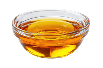 Clear glass bowl filled with golden-yellow cooking oil