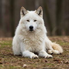 Obraz premium Tundra Wolf Full Body Lying Down Relaxed Pose Isolated on White Background Photo for Commercial Use