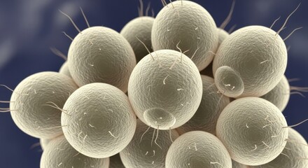 Microscopic spherical organisms with fine hair-like projections clustered together