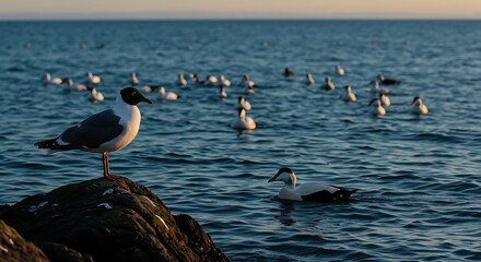 Seagulls in the ocean at sunset.