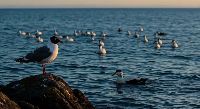 Seagulls in the ocean at sunset.