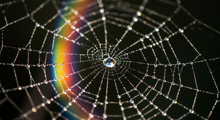 Fototapeta premium Raindrops on Spiderweb with Rainbow Reflections