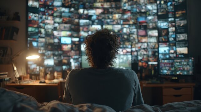 Person stands with their back to the viewer staring at wall of many screens showing various media content filling the space - Powered by Adobe
