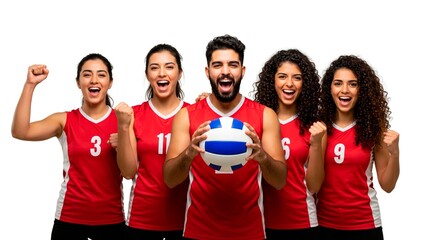 Group of volleyball players celebrating victory with a ball in hand and wearing red and white jerseys