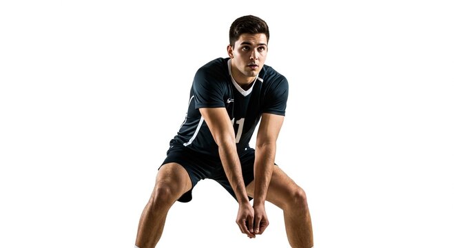 A male volleyball player in a black uniform is ready to receive the ball on a white background in a studio shot