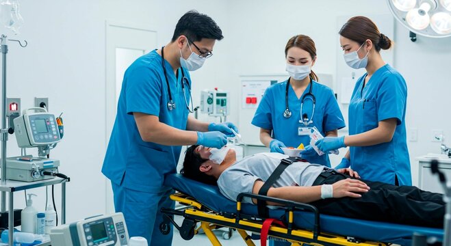 Medical team assisting patient on stretcher in emergency room with equipment and bright overhead lighting