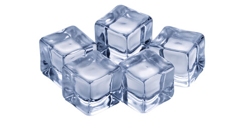 Obraz premium Five clear ice cubes clustered together isolated on a transparent background frozen