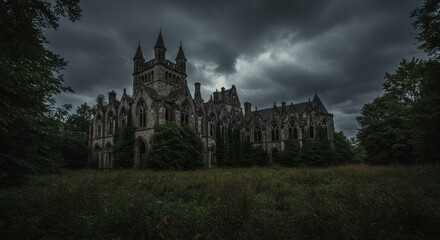 Obraz premium Dramatic Abandoned Castle in the English Countryside Under a Stormy Sky