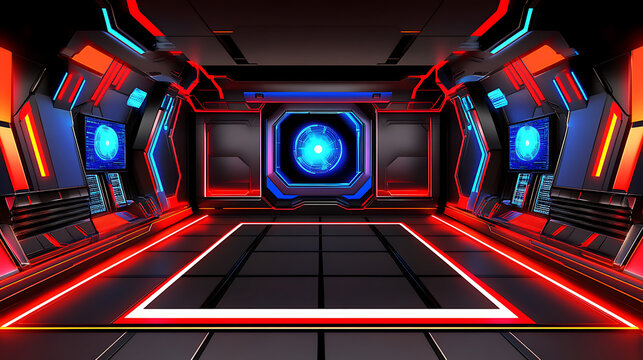 Futuristic Interior with Neon Lights and Central Blue Orb