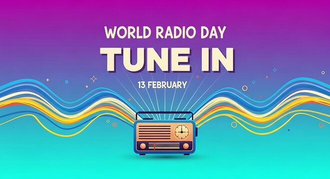 World radio day tune in with vintage radio and colorful waves, celebrating broadcast communication and global connection on february 13th