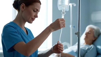 Female Nurse in Scrubs Adjusting IV Line with Patient in Background - Powered by Adobe