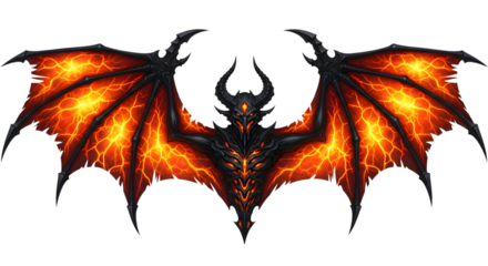 A fearsome demon with large, fiery, cracked wings and glowing eyes, depicted with horns and a menacing expression, isolated on a transparent background