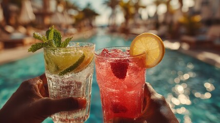 People toasting refreshing, fruity drinks with ice by the pool on a sunny day at a summer party, celebrating good times and vacations
