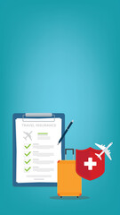 Travel insurance. Traveling luggage suitcase and airplane trip protect. Plane flight safety symbol. Aircraft journey risk protection.	