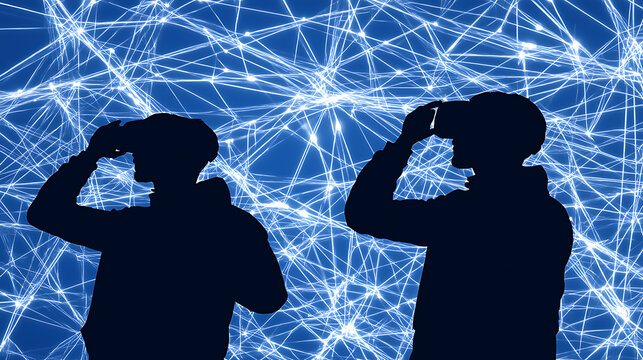 Silhouettes of Two Individuals Using VR Headsets Against a Network Background