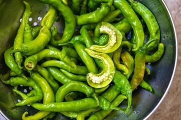 Shishito pepper Capsicum Annuum japonsea, or Japanese sweet pepper, not spicy and very tasty