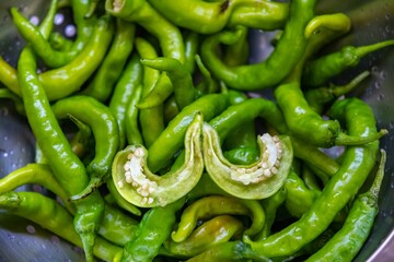 Shishito pepper Capsicum Annuum japonsea, or Japanese sweet pepper, not spicy and very tasty