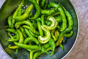 Shishito pepper Capsicum Annuum japonsea, or Japanese sweet pepper, not spicy and very tasty