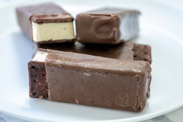Delicious luxury gourmet ice creams in the shape of an Italian-style sandwich with chocolate topping