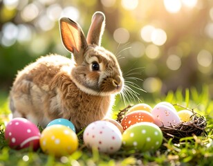 Cute rabbit near colorful Easter eggs in sunny garden