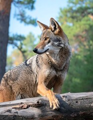 Fototapeta premium Coyote perched on log in serene forest setting