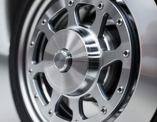 Obraz premium A detailed close-up of a modern car wheel showcasing its sleek design and polished finish.