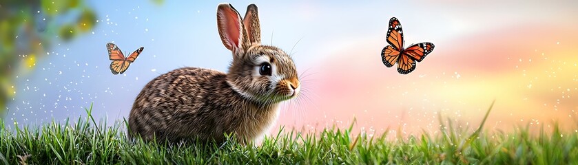 Fototapeta premium Mystical sparkle bunny Cute rabbit in a colorful meadow with butterflies flying nearby