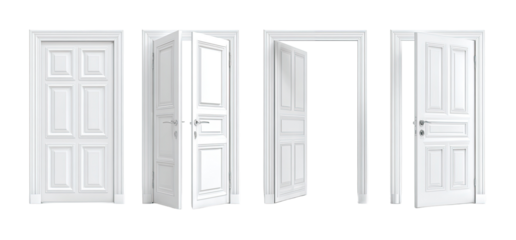 Four white doors in various open positions
