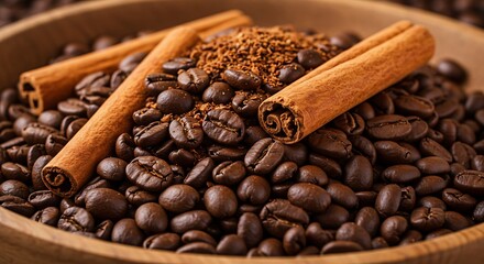 Roasted Coffee Beans and Cinnamon Sticks in Rustic Wooden Bowl with Ground Coffee.
