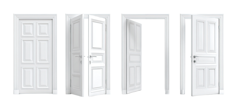 Four white doors in various open positions