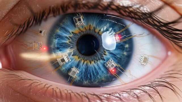Futuristic bionic eye implants with tiny circuits and wires, advanced cybernetic vision enhancement