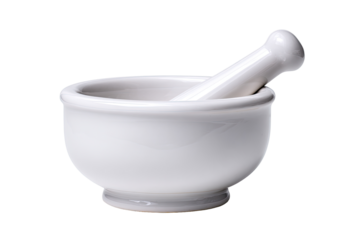 White ceramic mortar and pestle.  A small, round, white bowl (mortar) with a slightly flared rim and a matching cylindrical, white rod (pestle).  Clean, simple design