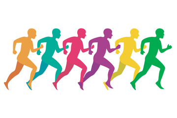 Vibrant illustration of eight diverse runners in motion