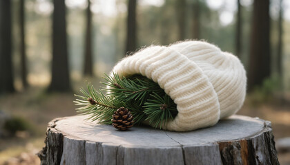 Cozy white beanie resting on wooden stump with pine branches  