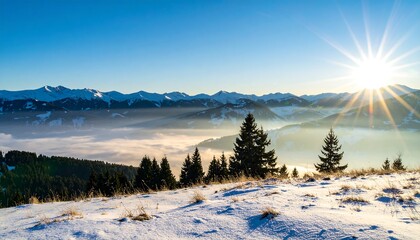 Snowy mountain vista at sunrise