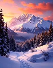 Snowy mountain vista at dawn