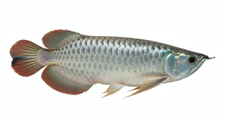 Obraz premium A striking silver Arowana fish with iridescent scales and prominent fins, isolated on a clean white background, showcasing its aquatic beauty.