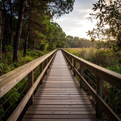 Obraz premium Wooden boardwalk through forest