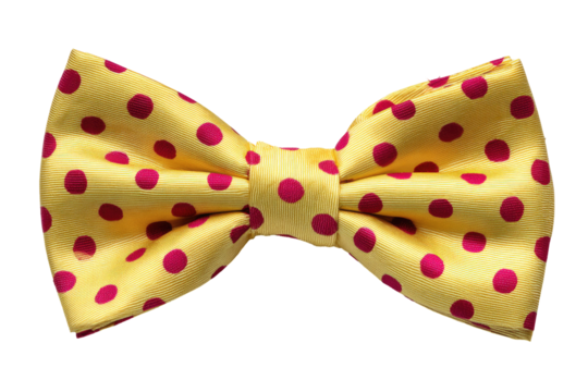 A yellow bow tie with magenta polka dots