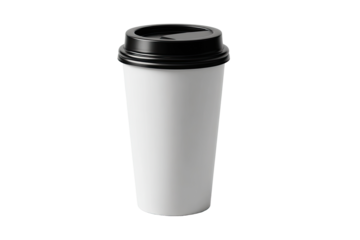 A plain white disposable coffee cup with a black lid