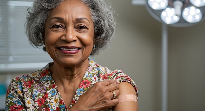 Smiling senior woman with vaccination band-aid on her arm. - Powered by Adobe