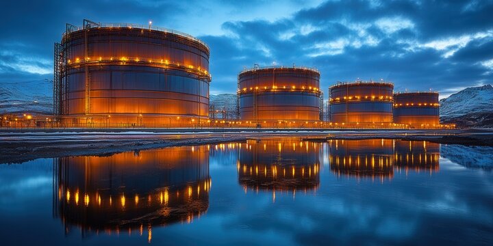 Large industrial tanks lit up at night, creating a striking reflection in the water below.