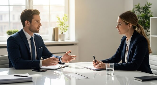 Intense business meeting with focused woman taking notes, bright office setting