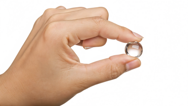 Hand holding small clear glass sphere isolated on a transparent background fingers