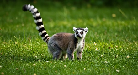 Ring-Tailed Lemur Standing in Grassy Field.