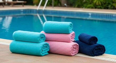 Rolled towels by the pool, ready for a swim.