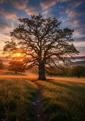 A majestic oak tree stands tall in a golden meadow at sunrise, bathed in warm sunlight and casting long shadows.