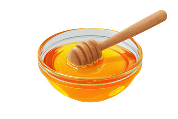 Honey in a clear bowl with a wooden dipper.  A golden-yellow liquid honey fills a shallow, round glass bowl. A light brown wooden honey dipper rests inside the bowl, partially submerged in the honey