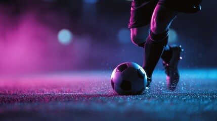 Closeup of a football player kicking a soccer ball in the field during the game with spotlight in purple and blue neon light color, sports concept.