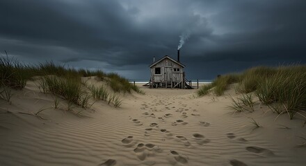 Rustic Beach Cabin Under Stormy Skies.